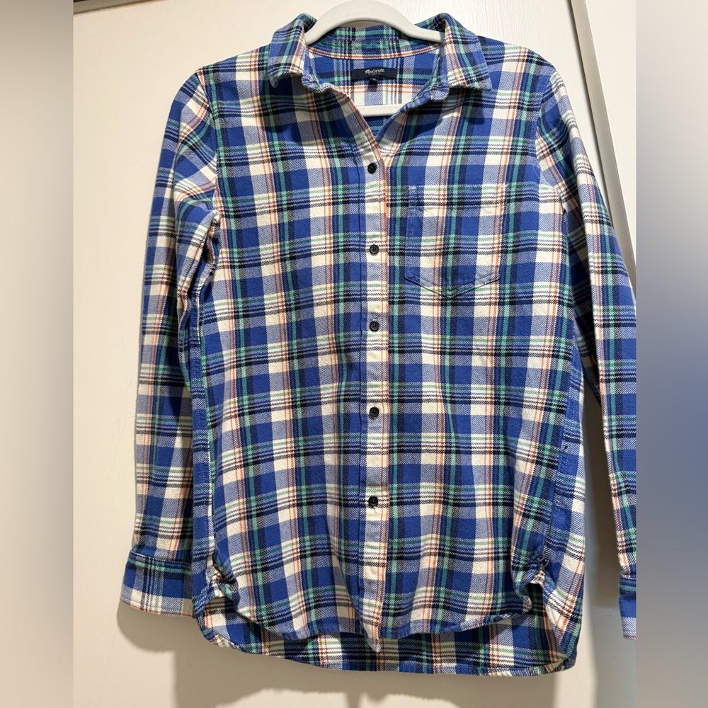 Madewell Classic Plaid Flannel Shirt | Blue Green White | Size M - Picture 8 of 11